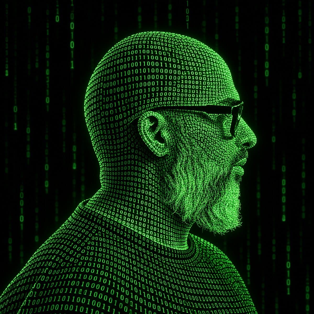 Steven Fernandez in profile, his head and shoulders made of glowing green ones and zeros against falling columns of code